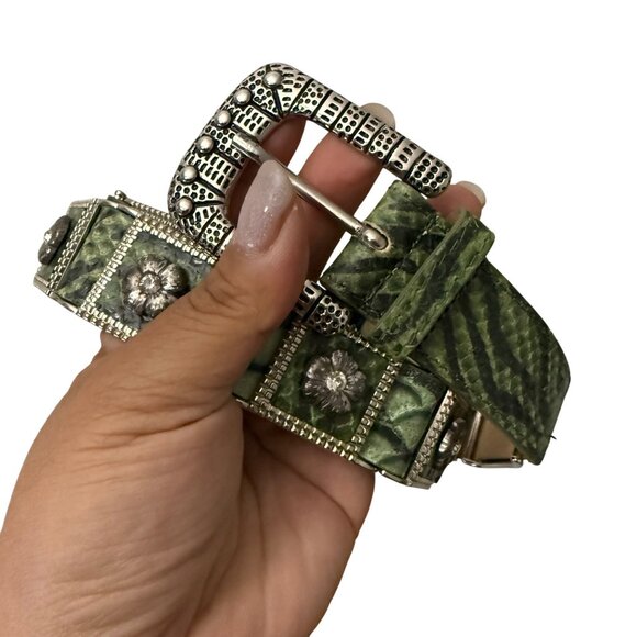 Berge Green Python Genuine Leather Rhinestone Embellished Belt Womens Size Large